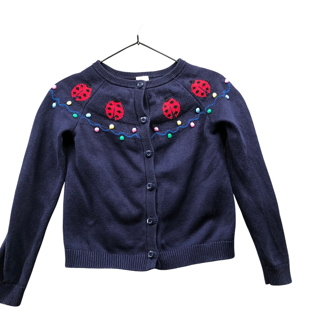 Hanna Andersson Ladybug Pom Pom Cardigan Sweater Girls Size 10 Navy Blue Cotton